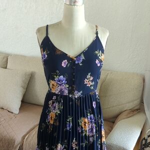 Xhilaration Navy Floral Pleated Midi Dress with Spaghetti Straps